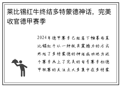 莱比锡红牛终结多特蒙德神话，完美收官德甲赛季