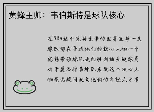 黄蜂主帅：韦伯斯特是球队核心